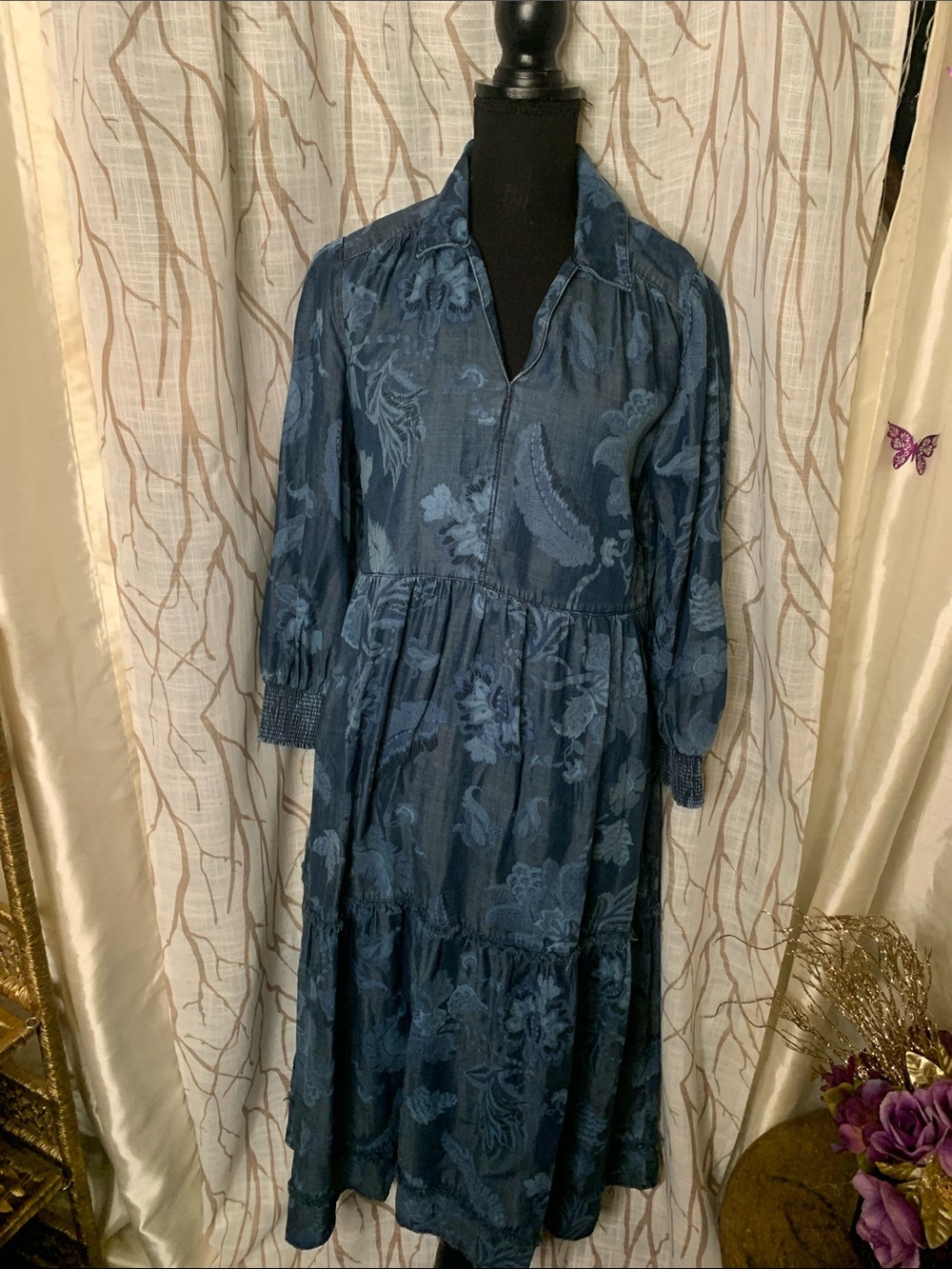 Chico’s Blue Floral Textured Long-Sleeve Maxi Dress